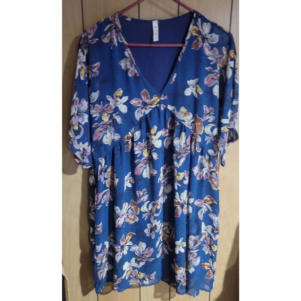 MTS Womens Small Blue Sheer Floral Short Sleeve Vneck Dress Midi Baby Doll Dress